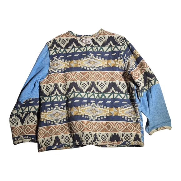 Vtg 1990s Keren Hart Denim Tribal Print Cotton Patchwork Button Up Jacket Sz M - Picture 2 of 5